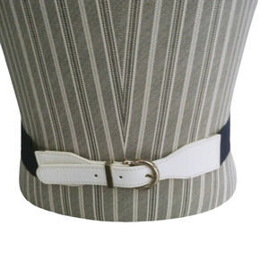 Faux Leather Ended Elastic Stretch Belt Navy/White Silver Metal Buckle  S